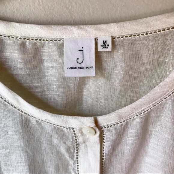 Linen Silk Tunic JONES NEW YORK White Cream Blouse Top Long Sleeve Button Up M - Picture 3 of 8